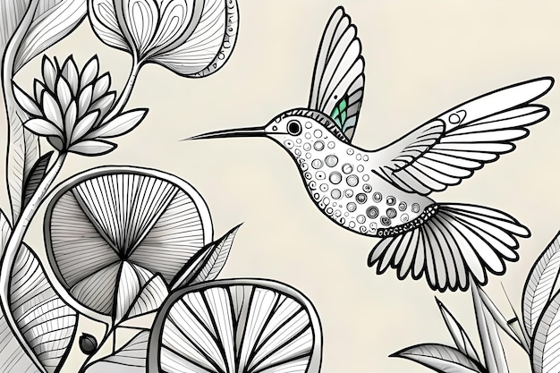 Foto een tekening van een kolibrie met een patroon van bloemen.