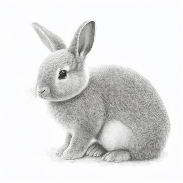 Een tekening van een konijn dat grijs is en een wit gezicht heeft.