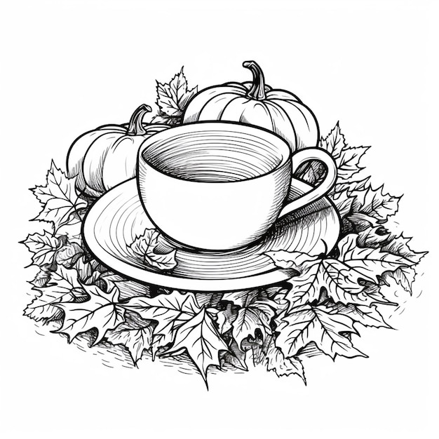een tekening van een kopje koffie en pompoenen op een bord generatieve ai