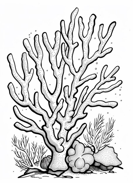 een tekening van een koraalrif met een rots en zeewier generatieve ai