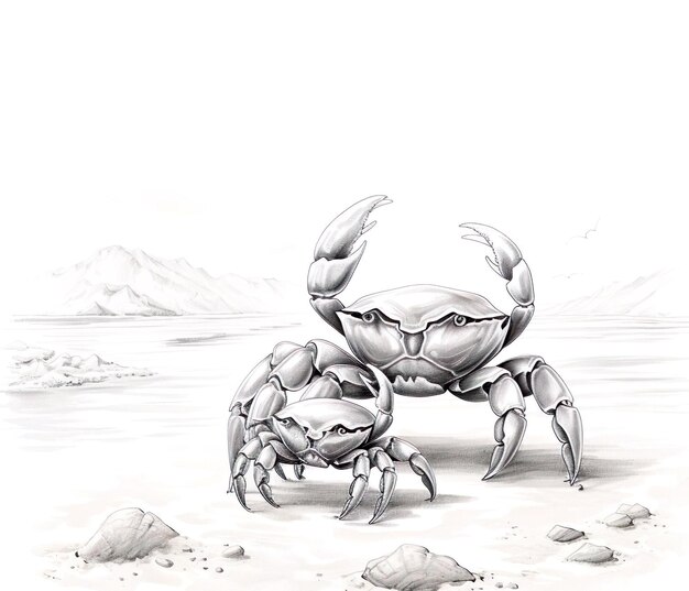 Een tekening van een krab met een zwart-witte tekening