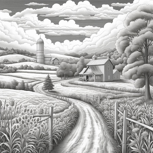 Een tekening van een landelijke weg die leidt naar een boerderij met een generatieve ai schuur