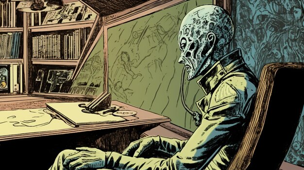 Een tekening van een man aan een bureau met een boek genaamd de alien.