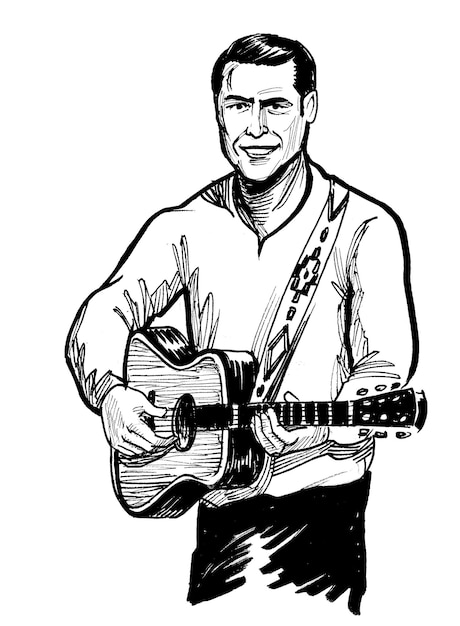 Een tekening van een man die gitaar speelt met het woord country erop.