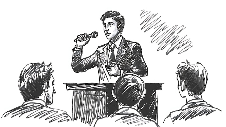 Foto een tekening van een man die in een microfoon spreekt
