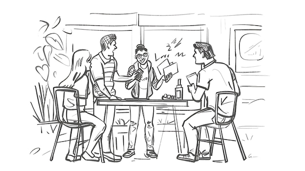 een tekening van een man en twee vrouwen die aan een bar zitten met een man die een boek leest en een vrouw die een boek lees