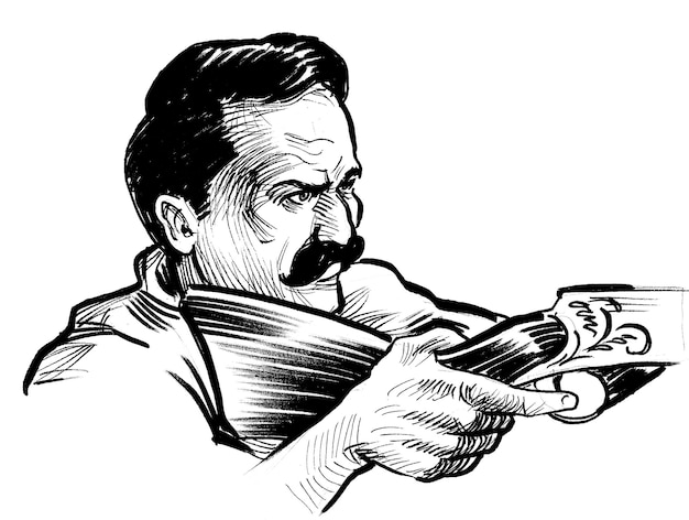 Een tekening van een man met een pistool in zijn hand.