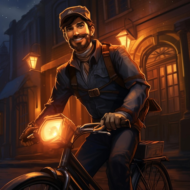 een tekening van een man op een fiets met een zaklamp op zijn helm.