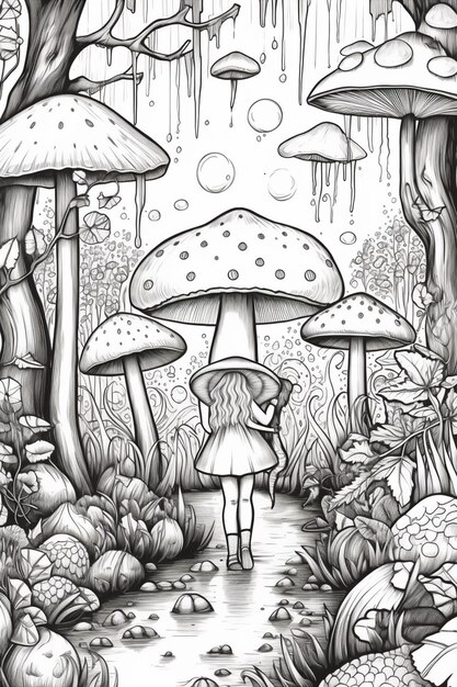 een tekening van een meisje dat in een bos staat met paddenstoelen generatieve ai