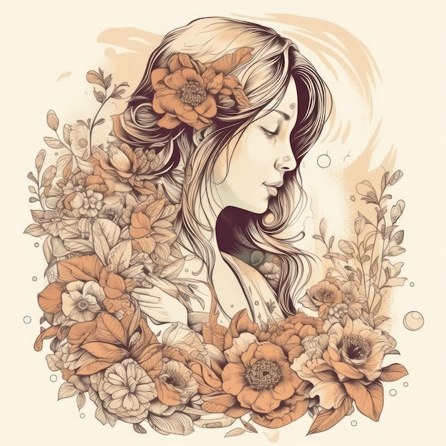Een tekening van een meisje met bloemen op haar hoofd