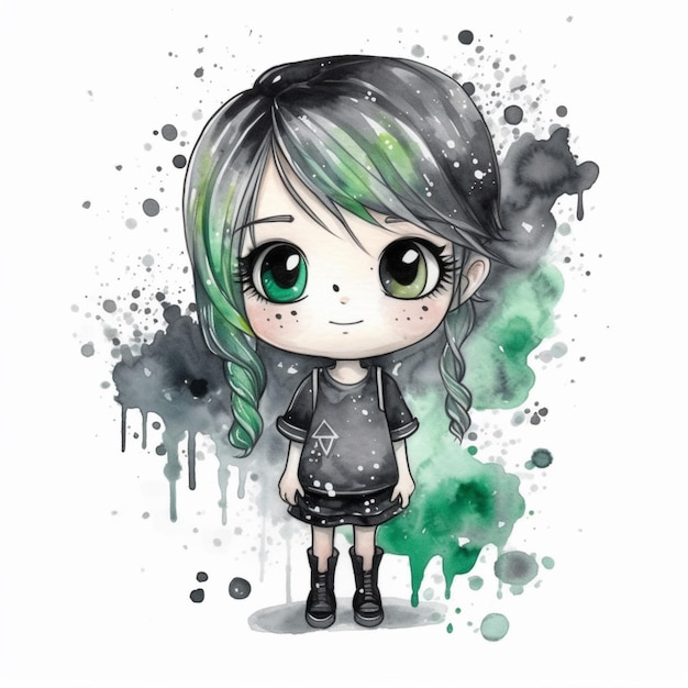 Een tekening van een meisje met groen haar en zwart shirt generatief ai