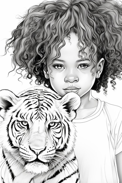 een tekening van een meisje met krullend haar dat een tijger vasthoudt generatieve ai