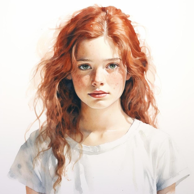 Foto een tekening van een meisje met rood haar en een wit shirt waarop 