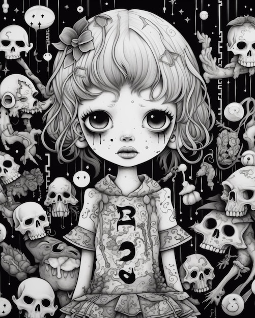 Een tekening van een meisje omringd door schedels en schedels generatieve ai