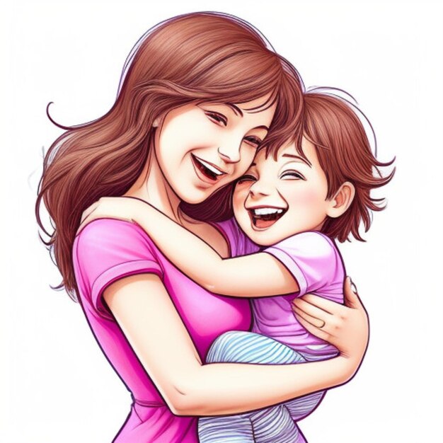 een tekening van een moeder die haar dochter omhelst met een foto van een meisje dat haar omhelst