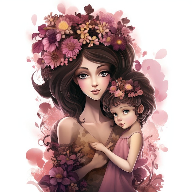 Een tekening van een moeder en dochter met bloemen op hun hoofd.