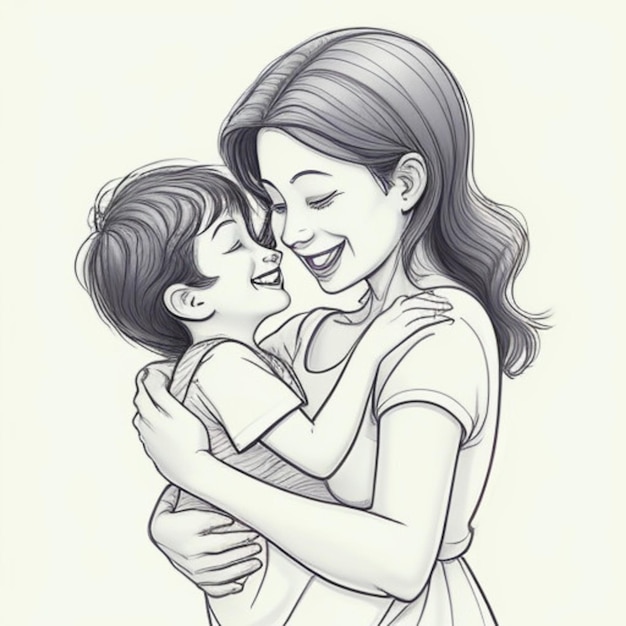 een tekening van een moeder en een kind met een tekending van een moeder die haar knuffelt