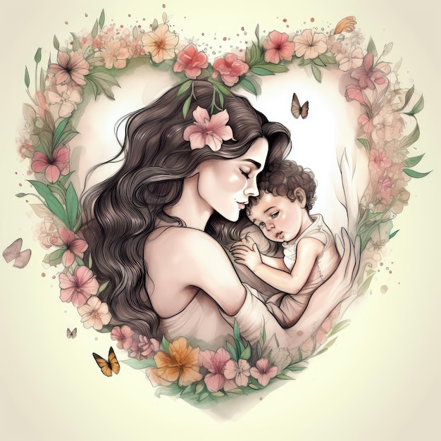 Een tekening van een moeder en haar baby.