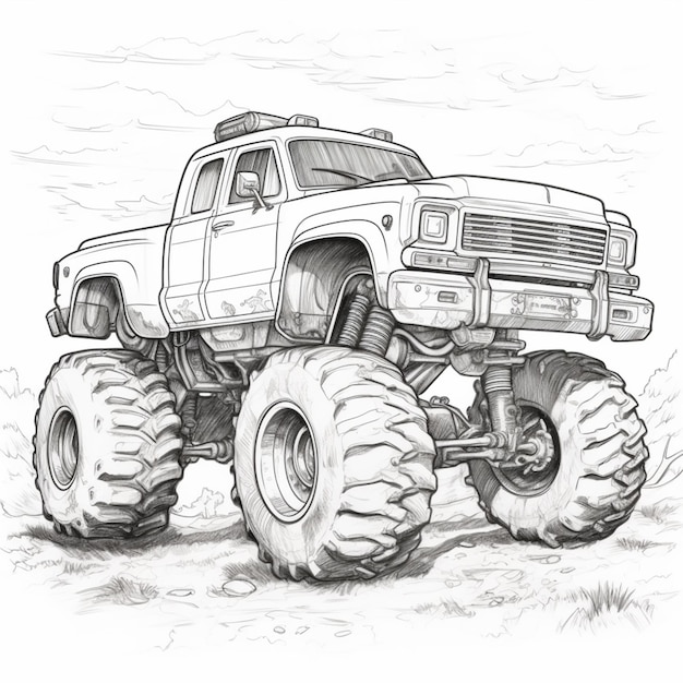 Foto een tekening van een monster truck met enorme banden op een vuil weg generatieve ai