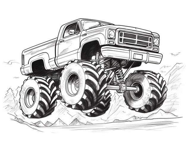 een tekening van een monstertruck met enorme banden op een heuvel generatieve ai