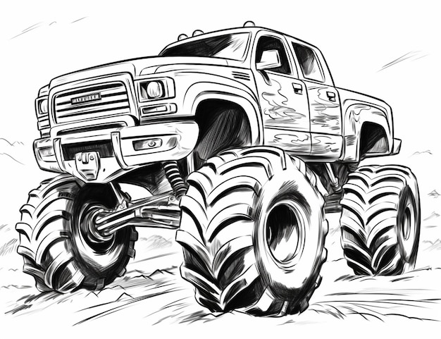 een tekening van een monstertruck met grote banden die op een onverharde weg rijdt