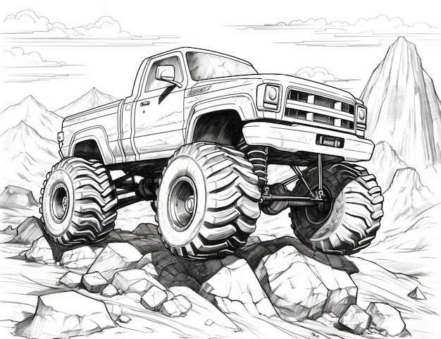 een tekening van een monstertruck rijdt over rotsen generatieve ai