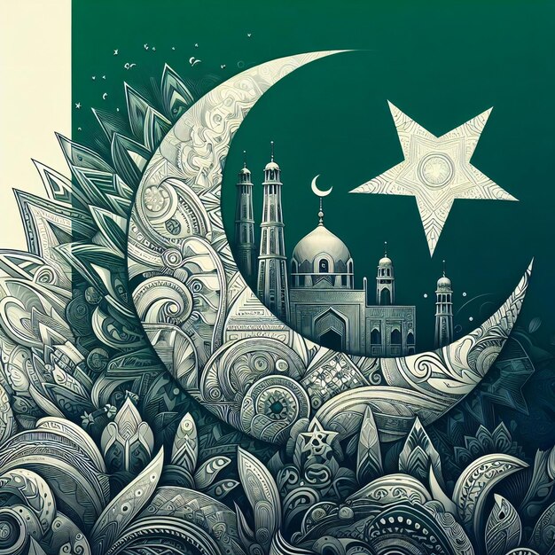 Foto een tekening van een moskee en een maan met een ster en een moskee op de top