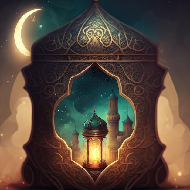 Een tekening van een moskee met een lantaarn in het midden.