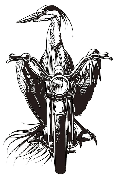 een tekening van een motorfiets met een vogel op de rug en de staart