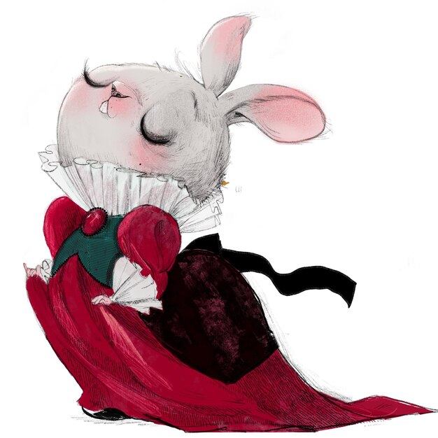 Foto een tekening van een muis die een rode jurk draagt met een zwarte strik.