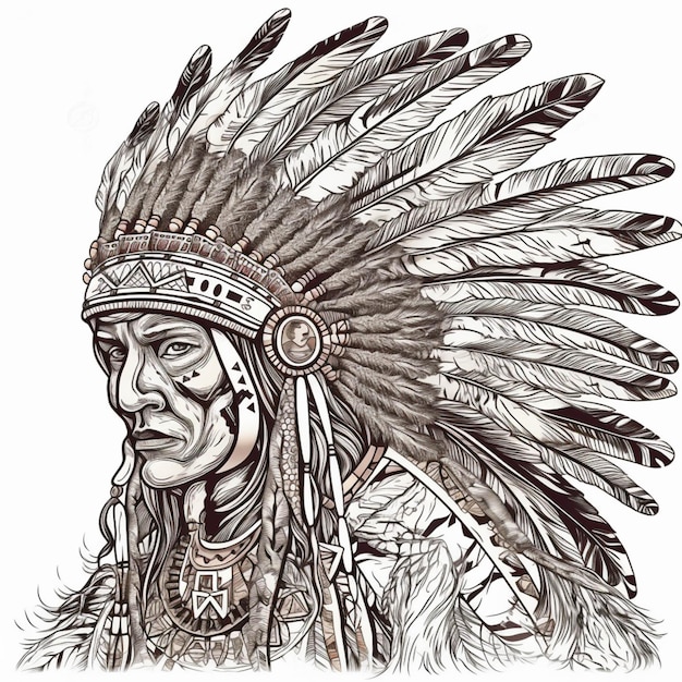 Foto een tekening van een native american indian chief met veren generatieve ai