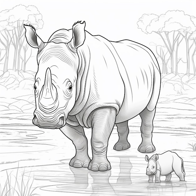 Een tekening van een neushoorn en een babyneushoorn in een rivier generatieve ai