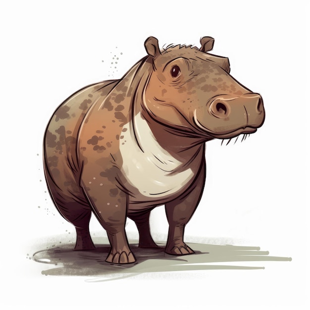 Een tekening van een nijlpaard met een witte vlek op zijn borst.