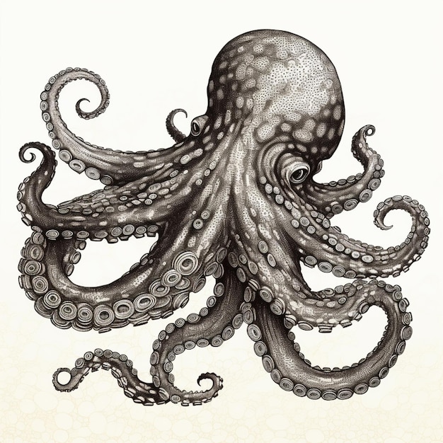Een tekening van een octopus met grote tentakels erop.