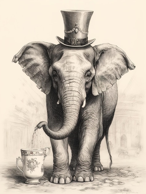 Een tekening van een olifant met een emmer en een kan melk
