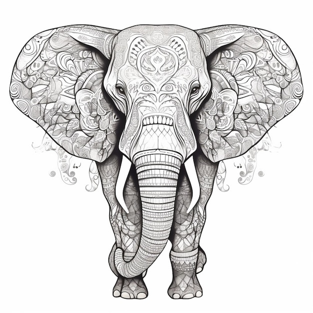 een tekening van een olifant met ingewikkelde patronen op zijn hoofd generatieve ai