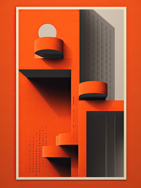 Foto een tekening van een oranje kamer met een zwarte en oranje achtergrond.