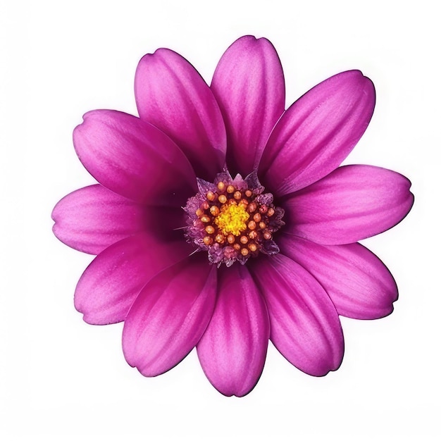 Een tekening van een paarse bloem met geel centrum.