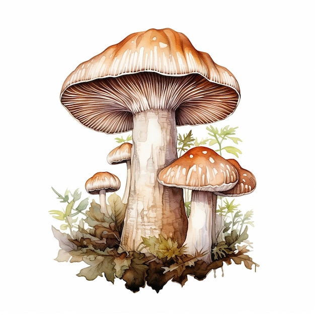 een tekening van een paddenstoel met paddenstoelen en bladeren.