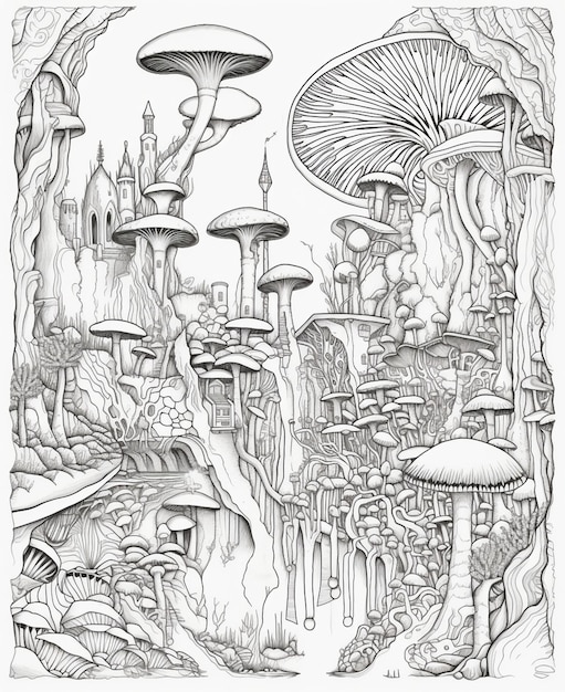Een tekening van een paddenstoelentuin met op de achtergrond een paddenstoelentuin.