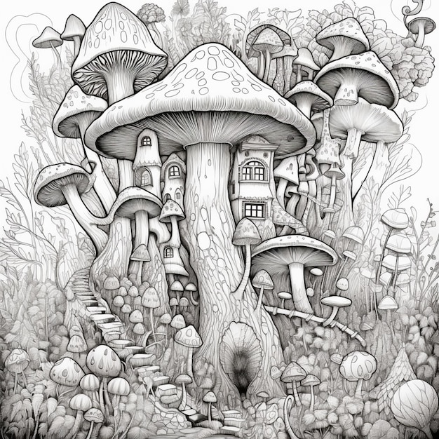 Een tekening van een paddenstoelhuis in een bos met paddenstoelen generatieve ai