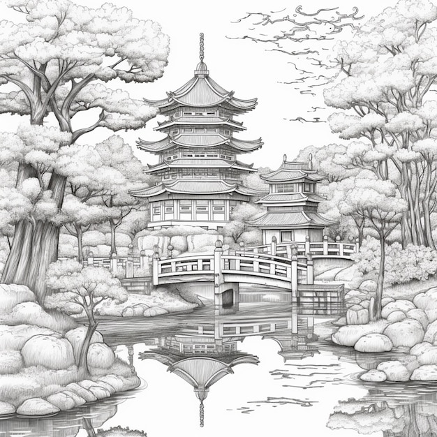 Een tekening van een pagode in een park met bomen en een watergenerator
