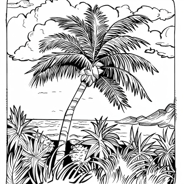 een tekening van een palmboom met een berg op de achtergrond