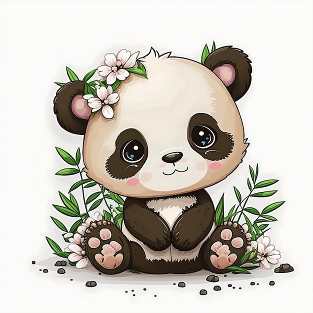 Een tekening van een panda met bloemen erop