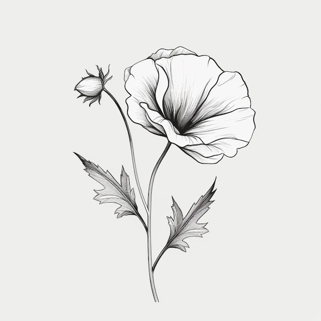 Een tekening van een papaver met een enkele bloem erop.