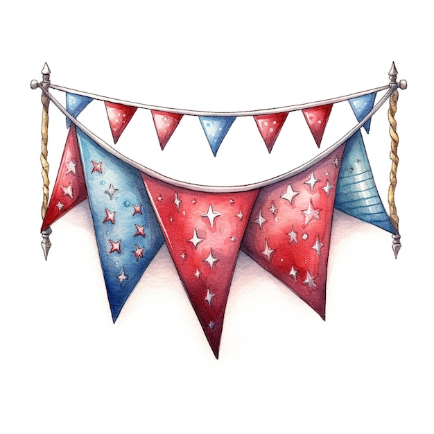 Een tekening van een patriottische vlag die aan een touw hangt