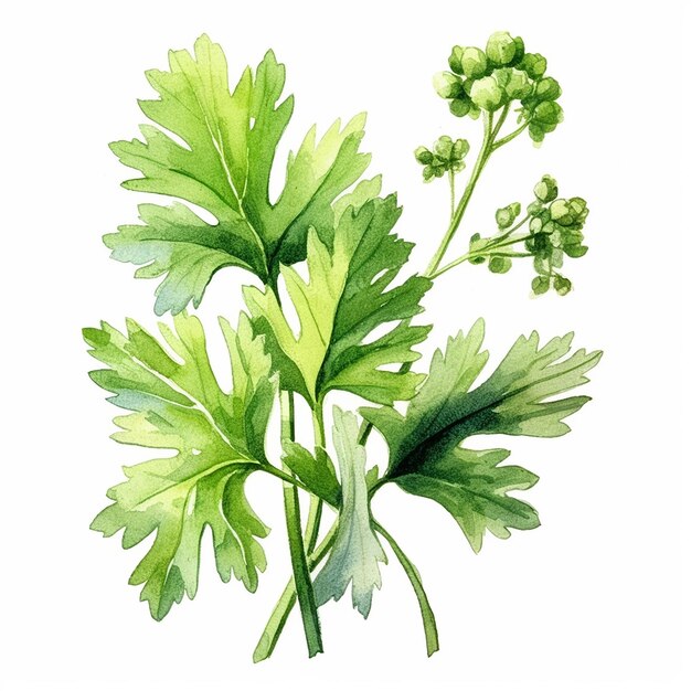 Foto een tekening van een peterselieplant met groene bladeren en het woord peterselie erop.