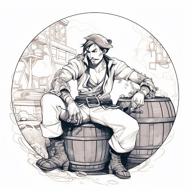 Een tekening van een piraat zittend op een ton met een gebouw op de achtergrond.