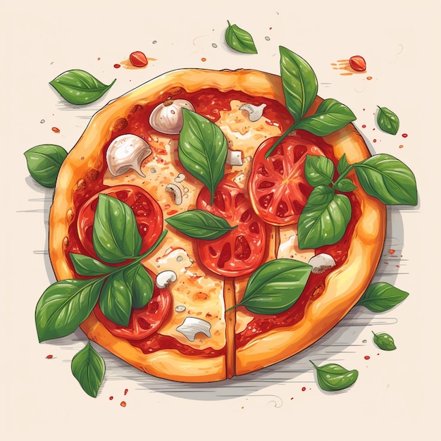 Een tekening van een pizza met tomaten en basilicum erop.