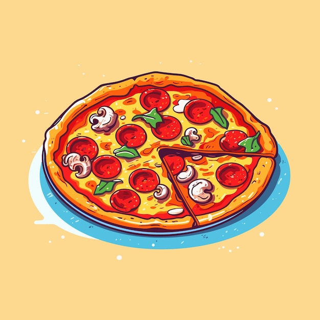 een tekening van een pizza met tomaten en uien erop